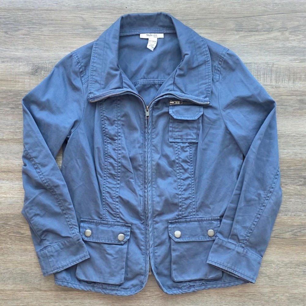 Style & Co Blue Cotton Utility Jacket Womens Medium Petite Full Zip Lightweight